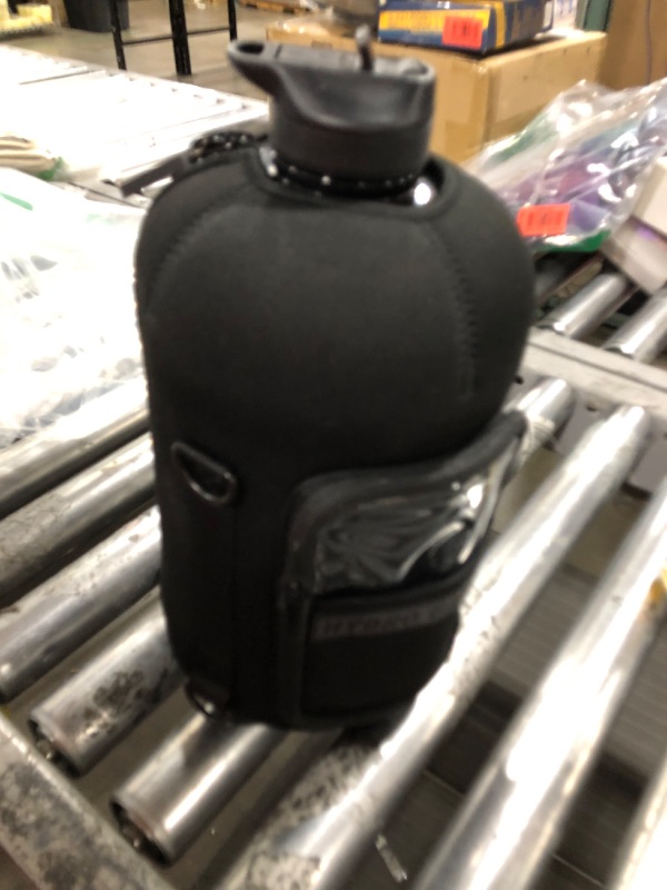 Photo 2 of Hydro Gallon® 1 Pro - 1 Gallon Water Bottle Jug with Insulated Sleeve and Straw Lid, Handle, Time Marker, Pocket, Shoulder Strap. Daily Leakproof BPA free Large Big Bottle Men. 128oz (Black)