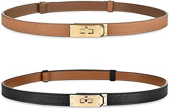 Photo 1 of Generic Women's Skinny Leather Belt with Adjustable Silver Turn-Lock Buckle, Designer Belts for Women (Brown+Black)