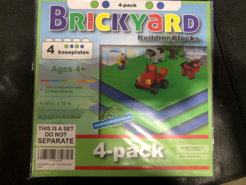 Photo 1 of Brickyard Building Blocks Lego Compatible Baseplate - Pack of 4 Large 10 x 10 Inch Base Plates for Toy Bricks, STEM Activities & Display Table - Green, Blue