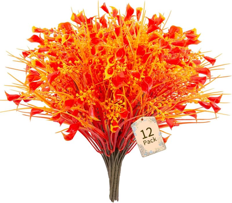 Photo 1 of 12 Bunches Fall Calla Lily Outdoors Artificial Flowers for Indoor Outdoor Hanging Pots, Uv Resistant Artificial Plants Plastic Autumn Flowers Home Garden Porch Decoration?Orange?