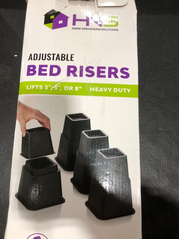 Photo 1 of HOLDN’ STORAGE Adjustable Bed Risers and Furniture Risers-Stackable Bed Lift 3, 5, or 8 Inch-Set of 4 Bed Risers-Heavy Duty-Perfect for College Dorms- Supports up to 1,300 lbs–Fits Legs up to 2.75” W