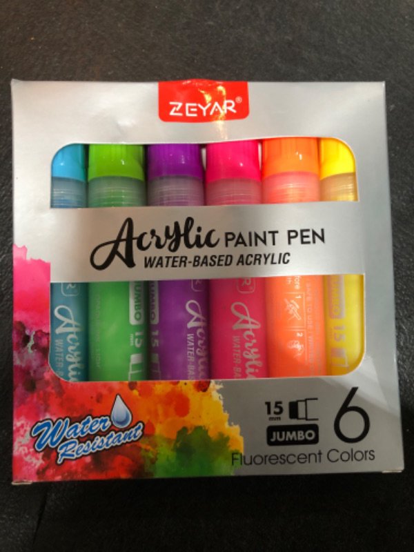 Photo 2 of ZEYAR Jumbo Paint Marker Pens, Water Based Acrylic, 15mm Felt Tip, Waterproof and Permanent ink, Great on Plastic,Stone,Metal and Glass for Doodling(6 Fluorescent Colors)