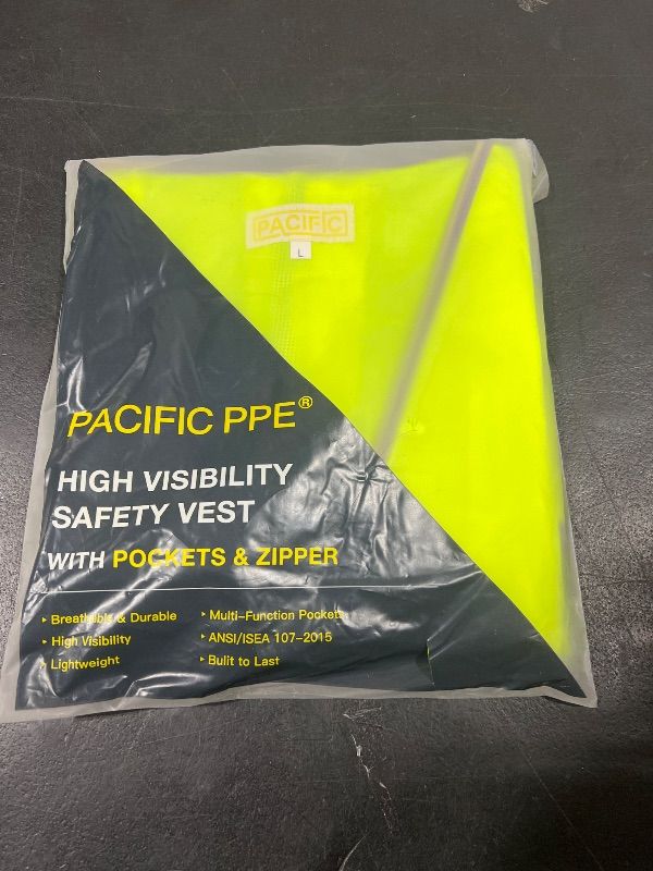 Photo 2 of PACIFIC PPE High Visibility Safety Vest with Pockets and Zipper, Reflective Strips, Meet ANSI/ISEA Standards, Large, Yellow