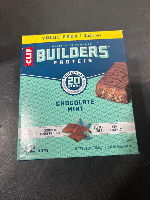 Photo 2 of BB 08-18-2025  CLIF Builders - Chocolate Mint Flavor - Plant Based Protein Bars - Gluten Free - Non-GMO - Low Glycemic - 20g Protein - 2.4 oz. (12 Pack)