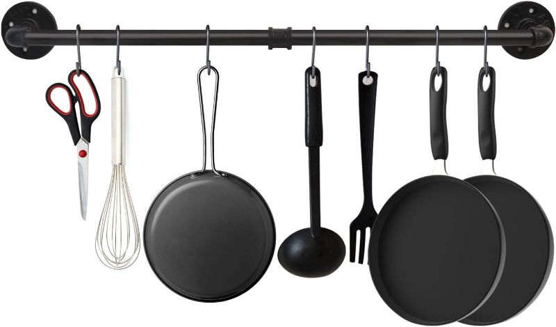 Photo 1 of 34.3 inch Industrial Pipe Pot Bar Rack with 15 S Hooks Rustic Iron Pots and Pans Hanging Rail Pipe Towel Holder Wall Mounted Detachable Kitchen Utensil Pot Pan Lid Organizer Black
