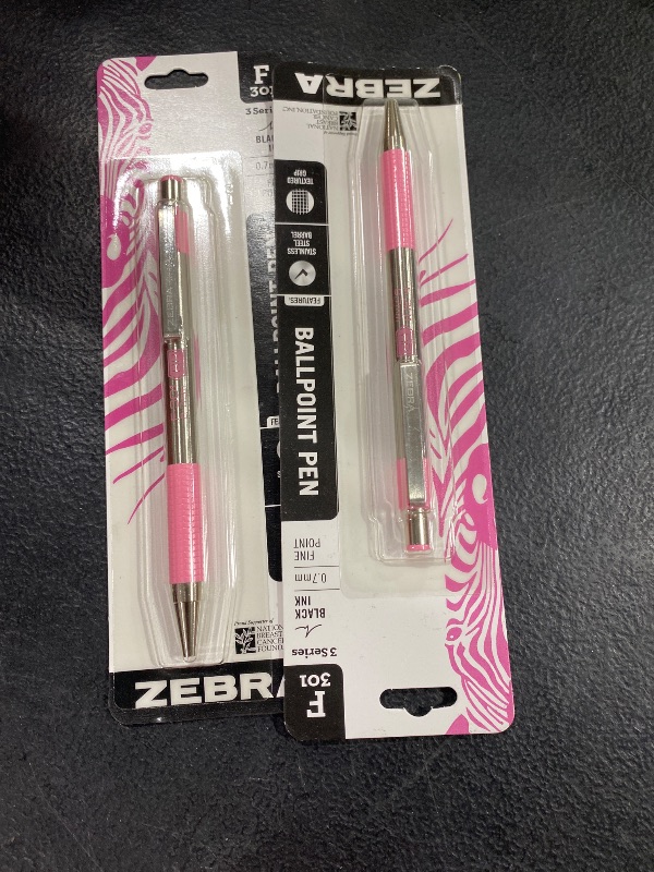 Photo 1 of Zebra Pen F-301 Retractable Ballpoint Pen, Stainless Steel Barrel with BCA Pink Accents, Fine Point, 0.7mm, Black Ink, 2-Pack