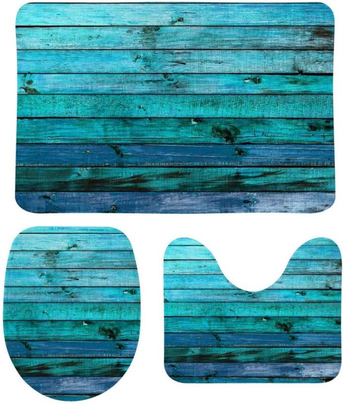 Photo 1 of 3 Piece Bathroom Rug Set Ocean Aqua Blue Teal Old Wood Background Turquoise Non-Slip Contour Mat + Toilet Lid Cover + Bath Mat