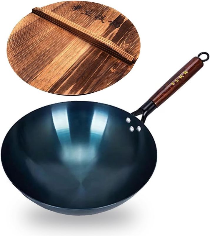 Photo 1 of 14 Inch Chinese Hand Hammered Iron Wok and Stir Fry Pans with Wooden Handle and Lid Round Bottom Wok Pan Non-stick No Coating Ideal for Home Use and Gift Giving
