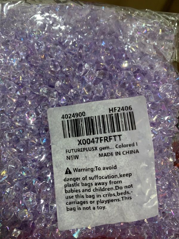 Photo 2 of FUTUREPLUSX 5000PCS Purple Fake Ice Rocks(0.28 * 0.2 Inches), 1LB Iridescent Artificial Crushed Ice Dazzling Acrylic Crystal Rocks Diamonds for Home Table Decorations Vase Fillers