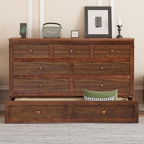 Photo 1 of KEIKI Queen Murphy Bed Cabinet with Storage Drawer and Charging Station, USB Port, Solid Pine Murphy Bedframe for Home Office, Studio or Guest Room,Walnut
