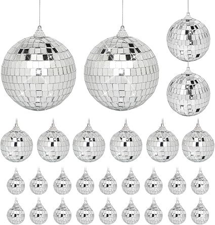 Photo 1 of 25 Pcs Disco Balls Ornament Mini Reflective Disco Ball Disco Party Hanging Decorations with Lanyard for Dance Music Party Decoration, 2 Inch 3.14 Inch 4 Inch (Multicolor)
