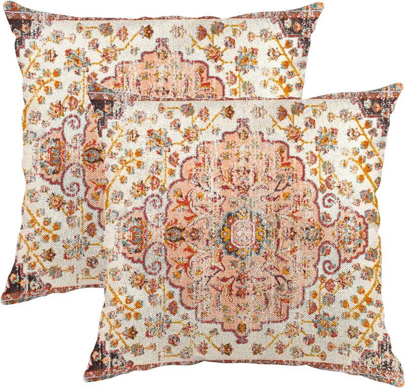 Photo 1 of Pack of 2 Pillow Covers 18x18 Inch, Vintage Turkish Boho Decorative Throw Pillow Covers for Home Decor Living Room Bed Couch, Orange Boho Pillowcase Set of 2
