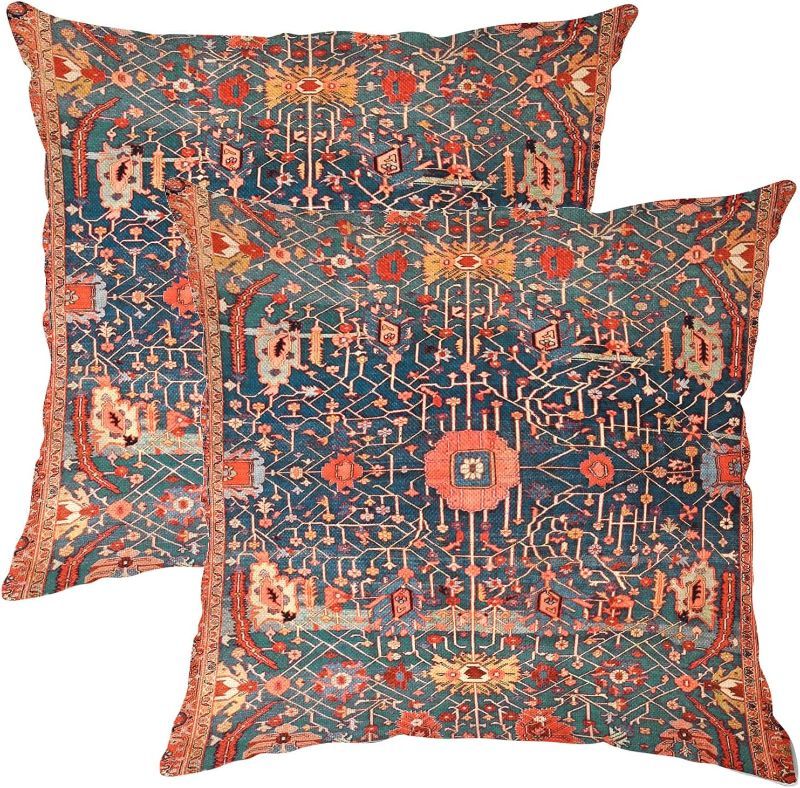 Photo 1 of Pack of 2 Pillow Covers 16x16 Inch, Vintage Turkish Carpet Boho Decorative Throw Pillow Covers for Home Decor Living Room Bed Couch, Red Orange Pillowcase Set of 2
