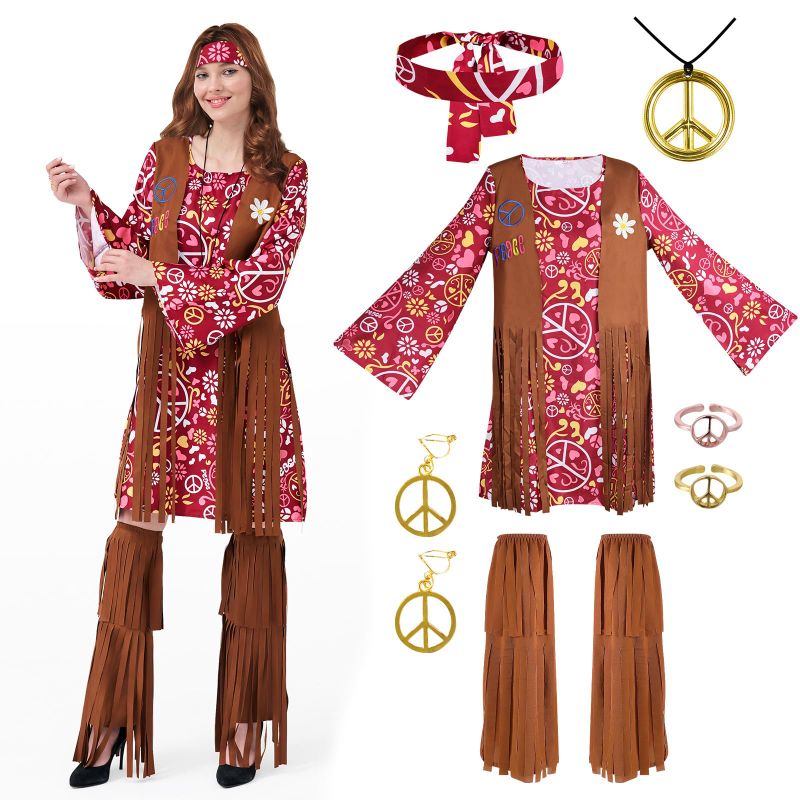 Photo 1 of MGparty 70s 60s Hippie Costume Set Disco Outfits Accessories for Women's Halloween Party Dress Hippie Costume (L)