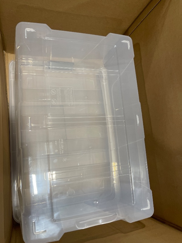Photo 1 of IRIS USA 94 Quart Stackable Plastic Storage Bins with Lids and Latching Buckles, 2 Pack - Clear, Containers with Lids and Latches, Durable Nestable Closet, Garage, Totes, Tubs Boxes Organizing ONE CONTAINER ONLY AND MISSING LID