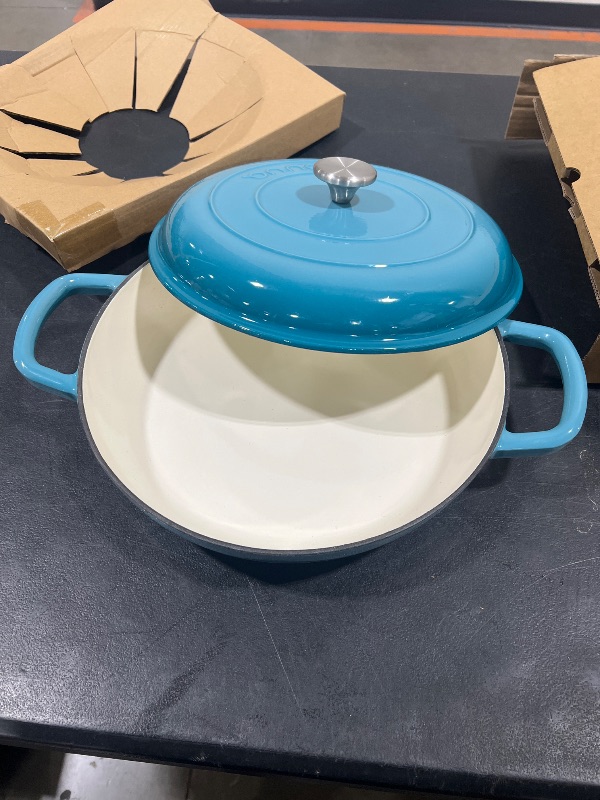 Photo 2 of Cast Iron Dutch Oven with Lid – Non Stick Shallow Dutch Oven Pot, Oven Safe up to 500° F – Sturdy Cooking Pot – Enamelled Stockpot Cookware – Blue, 3.7-Quart, 30cm – by Nuovva