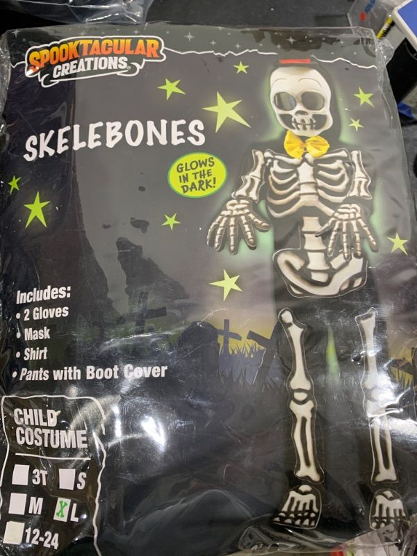 Photo 2 of Spooktacular Creations Glows in the Dark Skeleton Costume, Black Skelebones Jumpsuit, Bone Halloween Costume for Toddler, Kids, Boys-L(10-12yr)