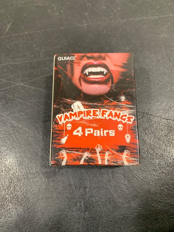 Photo 1 of KZATVECY Vampire Fangs 4 Sizes Realistic Vampire Teeth with Super Strong Adhesive Horror Fake Fangs Props for Halloween Costume Party Favors Cosplay Masquerade Accessories Gift