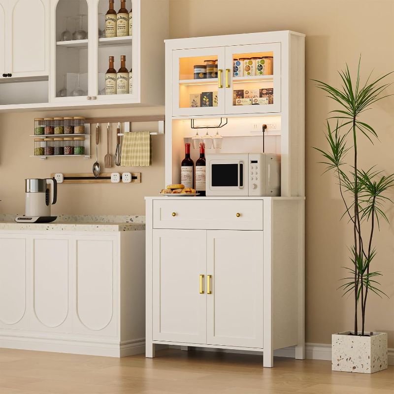 Photo 1 of 72" Tall Kitchen Pantry Cabinet with LED Light and Power Outlets, Farmhouse Large Storage Cabinet, Microwave Stand with Storage, Adjustable Cabinet Shelf, Kitchen Pantry White Modern Style