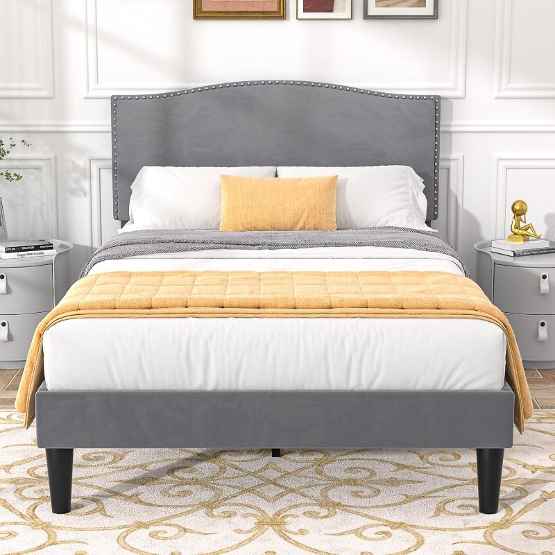 Photo 1 of ** See Notes **Twin Bed Frame Platform Bed Frame with Upholstered Headboard, Strong Frame and Wooden Slats Support, Strong Weight Capacity, Non-Slip and Noise-Free, Easy Assembly,Grey
