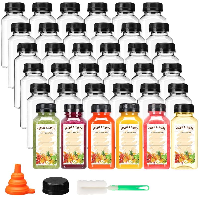 Photo 1 of BAKHUK 20pcs 8oz Juice Bottles with Lids, Food Grade Reusable Clear Containers with Black Tamper Evident Caps for Juice, Milk and Other Beverages