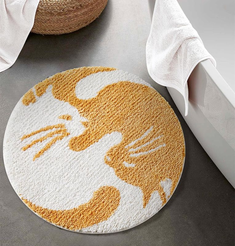 Photo 1 of Estmy Yin Yang Cat Bath Mat for Bathroom Non Slip Cute Vintage Khaki 2ft Round Bathroom Rugs Washable, Abstract Minimalist Funny Cool Circle Microfiber Bathroom Mat Shaggy Absorbent Shower Floor Rug & Cat Litter Mat Flexible Skid Pet Food Catching Mat Cat