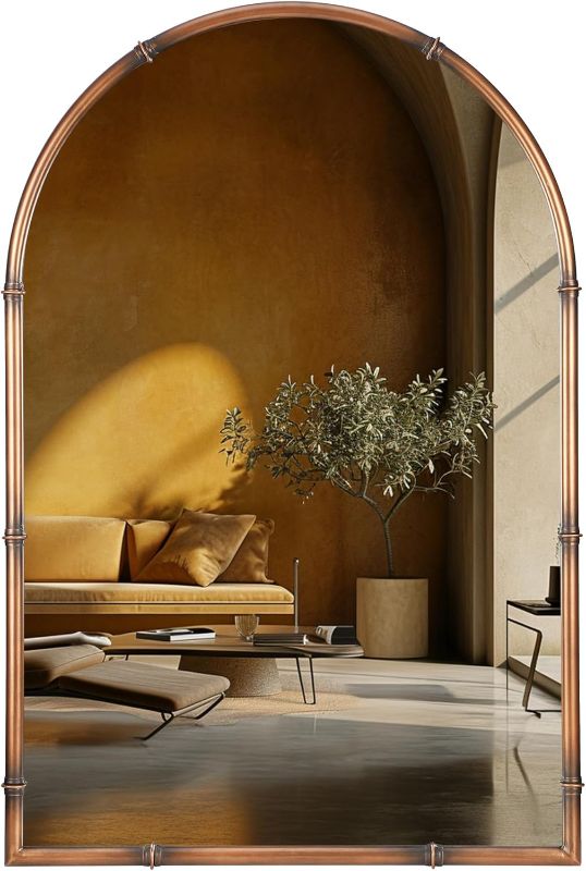 Photo 1 of Arched Wall Mirror for Bathroom- 24"x36"Antique Copper Color Vintage Metal Framed Accent Mirror, Large Rustic Distressed Wall Mirror Decorative for Bedroom, Living Room, Entry-Bamboo Style