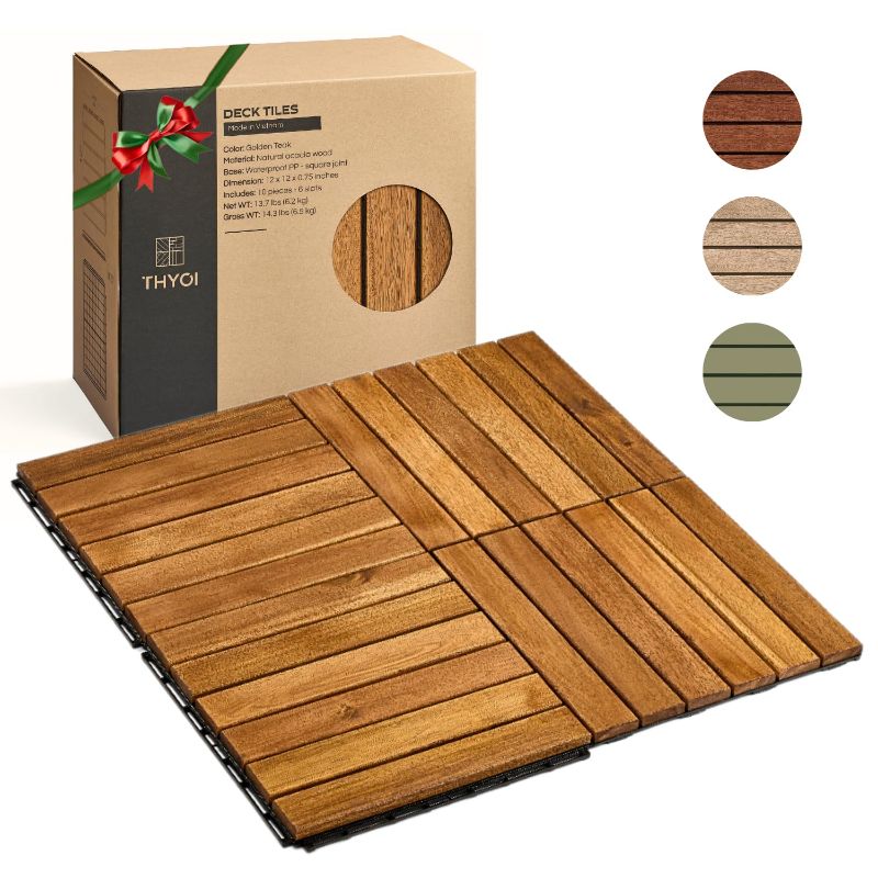 Photo 1 of 10 Pcs Premium Striped-Pattern Interlocking Deck Tiles 12" x 12", Waterproof Outdoor Tiles for Patio, Acacia Wood Tiles, Patio Tiles for Balcony Flooring, Indoor and Outdoor use (Golden Teak)