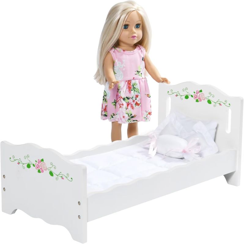 Photo 1 of Badger Basket Doll Bed Plus 18 Inch Doll, Includes Bedding and Personalization Kit, White Rose