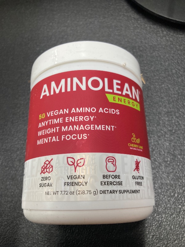 Photo 2 of AminoLean Pre Workout Powder, Amino Energy with Natural Caffeine from Green Tea, Vegan BCAA Amino Acids, Cherry Lime (25 Serv)