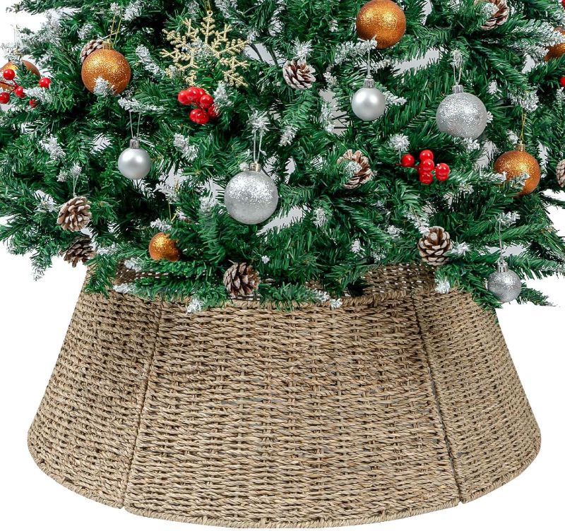 Photo 2 of CubesLand Christmas Tree Collar for 7.5ft Trees,Seagrass Christmas Tree Skirt 27",Handcrafted Christmas Tree Collar for Artificial Trees,Warm Rustic Tree Skirt Farmhouse Tree Collar Tree Base Cover