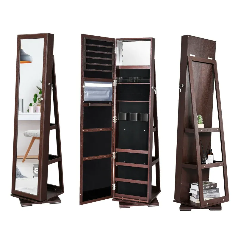 Photo 1 of  360 Swivel Jewelry Cabinet with Full-Length Mirror, 3 in1 Standing Jewelry Armoire Organizer with Back Storage Shelves, Walnut