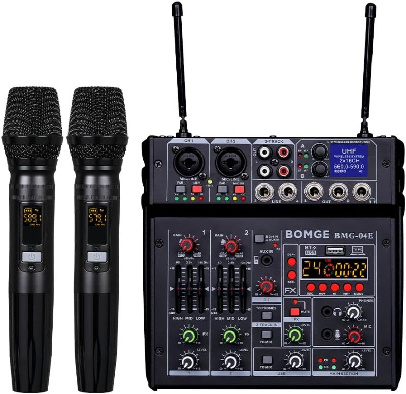 Photo 1 of BOMGE 04E karaoke Audio mixer,4 Channel Mixer With Dual UHF Wireless Mic, Sound Board Console MP3 Bluetooth 48V Phantom Power USB Audio Interface DJ Mixing for Party Computer Studio Recording (04E)
