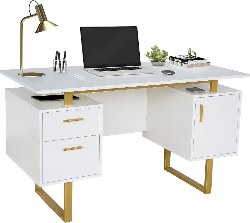 Photo 1 of ****BOX 2 OF 2 ONLY/MISSING BOXES****Techni Mobili Storage Drawers and Cabinet 51.25” W-Modern Office Large Floating Desktop Surface Desk, 23.6" D x 51.2" W x 29.8" H, White/Gold