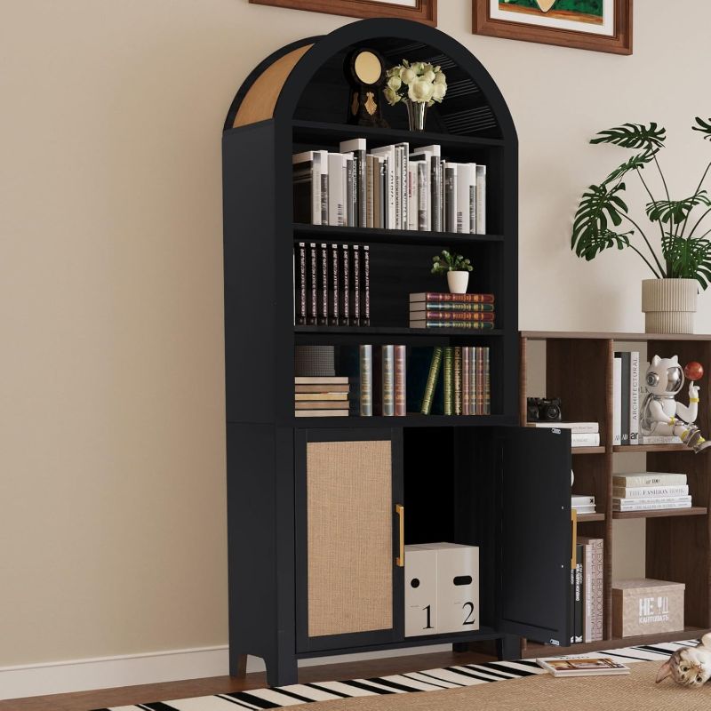 Photo 1 of 71" Tall Arched Bookcase with Storage, Modern 6-Tier Arched Cabinet with Door, Arched Bookshelf Cabinet with Open Display Storage Shelf for Office Living Room (Black, 71inch 1pcs-Doors)
