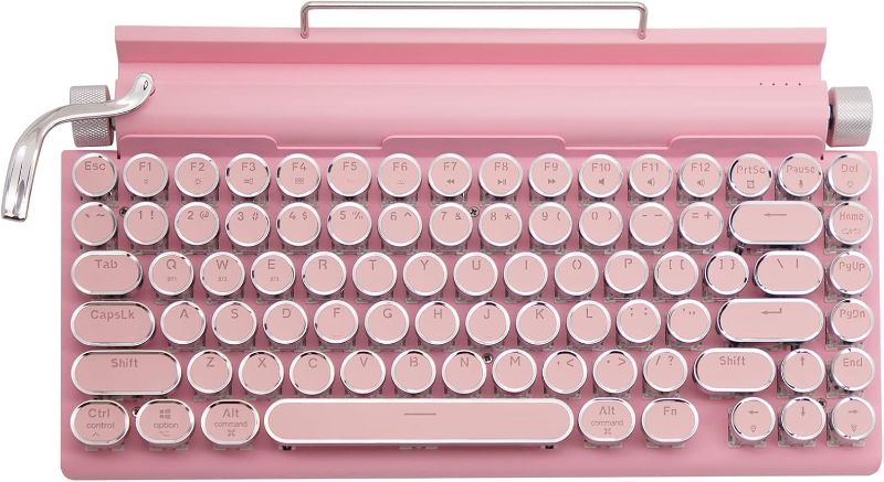 Photo 1 of Adventurers Typewriter Keyboard,Bluetooth Wireless Keyboard with 83 Keys Hot Swappable Blue Switch/Round Keycaps/White Backlit/Compact 75% Layout Wired Keyboard for Windows/Mac/PC/Laptop/ipad,Pink
