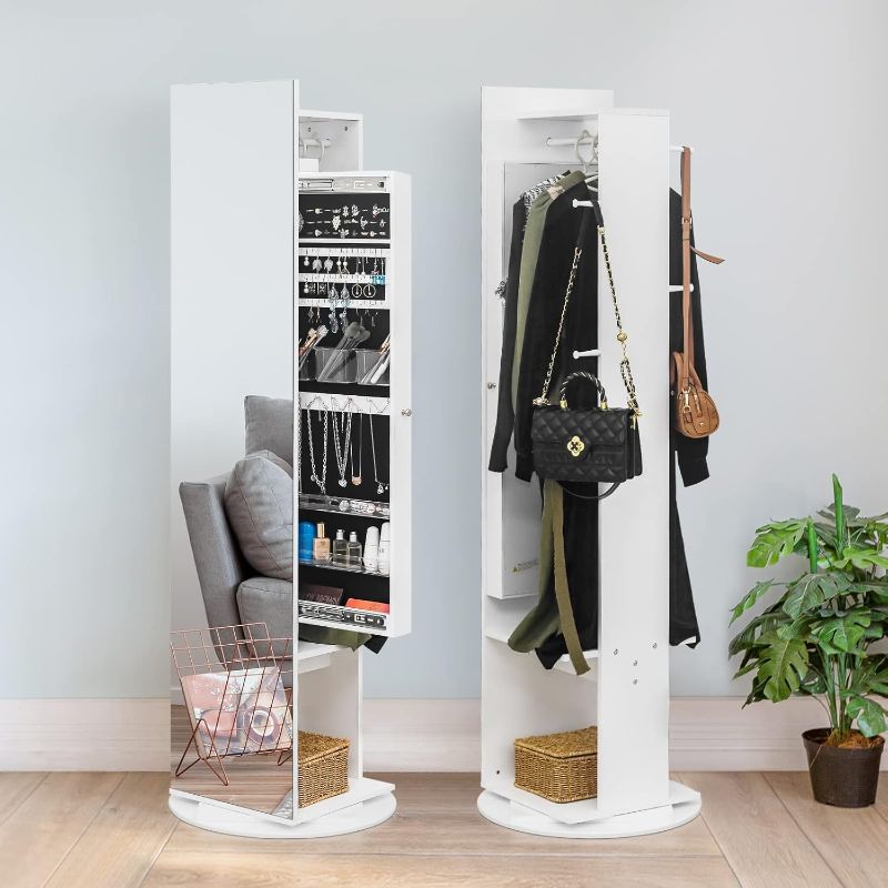 Photo 1 of 360° Swivel Jewelry Cabinet with Full Length Mirror, Large Capacity Jewelry Organizer Armoire, Lockable Mirror with Jewelry Storage, Floor Standing Mirror,Coat Rack,Multi Storage Shelves (C)
