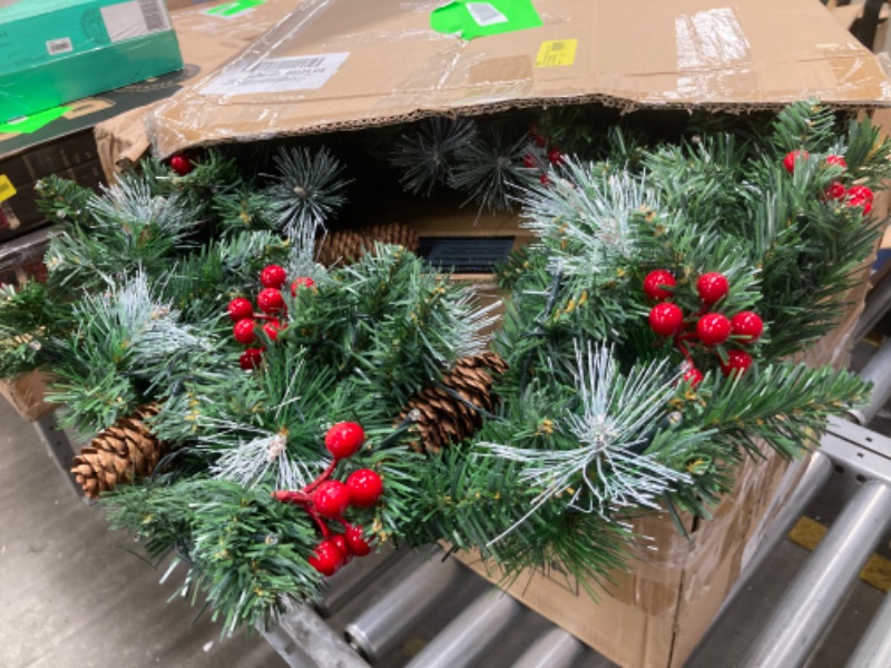 Photo 2 of 24" USB Christmas Wreath for Front Door - Prelit Christmas Decorations with Red Berries, Pine Cones, Hanger
