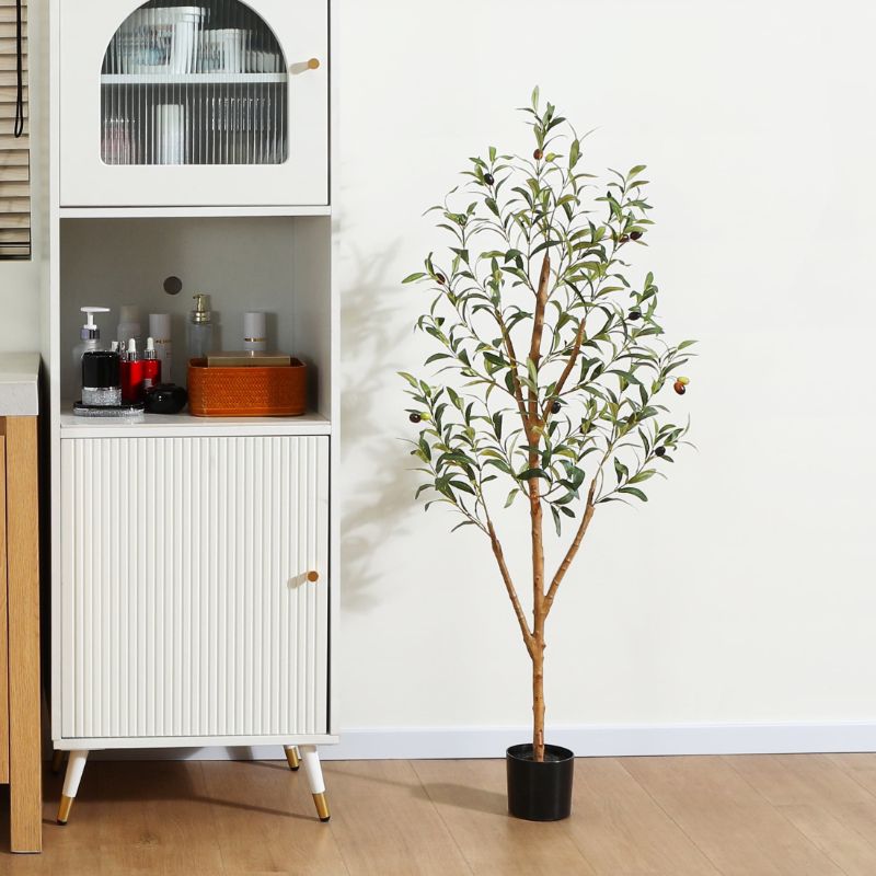 Photo 1 of 4 ft Artificial Olive Plants with Realistic Leaves and Natural Trunk, Silk Fake Potted Tree with Wood Branches and Fruits, Faux Olive Tree for Office Home
