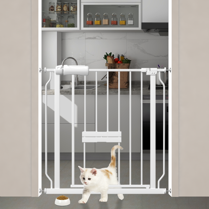 Photo 1 of Fairy Baby Baby Safety Gate with Cat Door,24"-29" Extra Wide Pressure Mount Pet Gate White Metal
