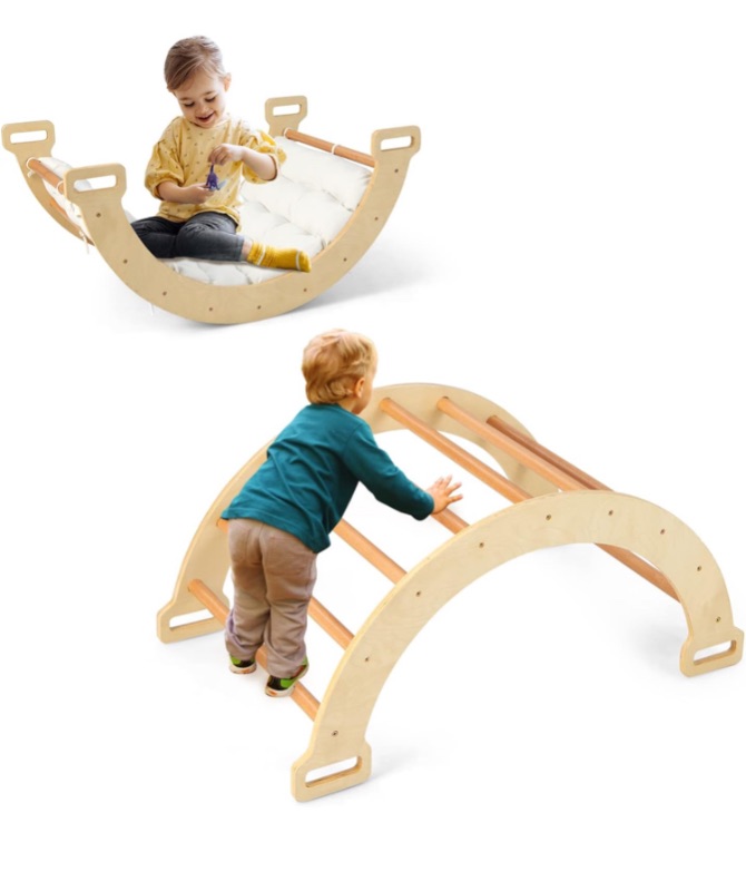 Photo 1 of Arch Climbing Toys for Toddlers, Montessori Wooden Arch Climber Ladder Structure and Rocker with Cushion Pad, Waldorf Children Indoor Gym Learning Playset for Kids Boys Girls