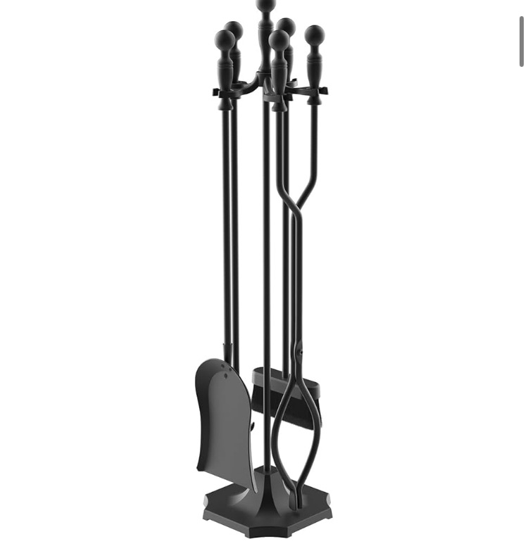 Photo 1 of 5 Pieces 31In Fireplace Tools Set, Wrought Iron Fireplace Tools with Ergonomic Handle, Fireplace Accessories Set Included Tong, Shovel, Base, Poker and Brush for Indoor & Outdoor (Black)