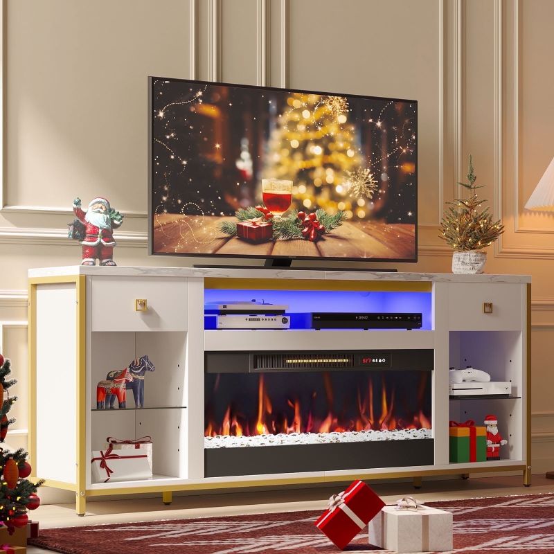 Photo 1 of Bestier Fireplace TV Stand for TVs Up to 80 Inches with 36-Inch Electric Fireplace, White Marble
