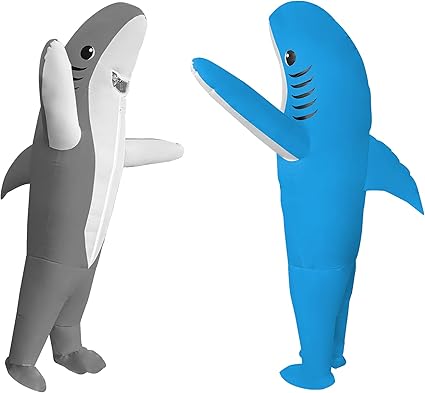 Photo 1 of 2 Packs Funny Halloween Inflatable Shark Costume Blue/Grey Shark Blow-up Suit Shark Outfit for Adult/Halloween/Birthday(Grey/Grey Shark)