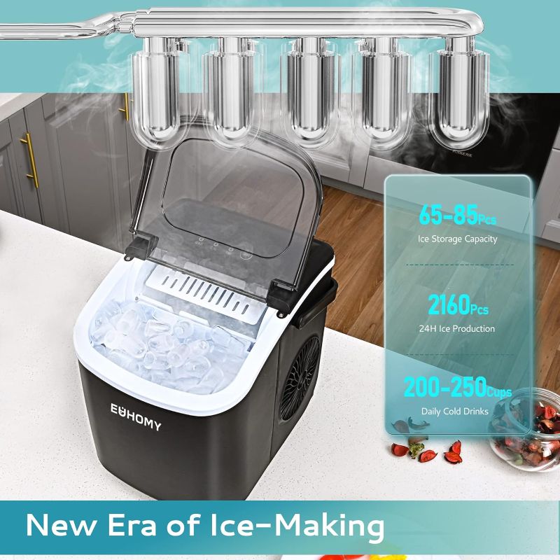 Photo 1 of EUHOMY Countertop Ice Maker Machine with Handle, 26lbs in 24Hrs, 9 Ice Cubes Ready in 6 Mins, Auto-Cleaning Portable Ice Maker with Basket and Scoop, for Home/Kitchen/Camping/RV. (Black)
