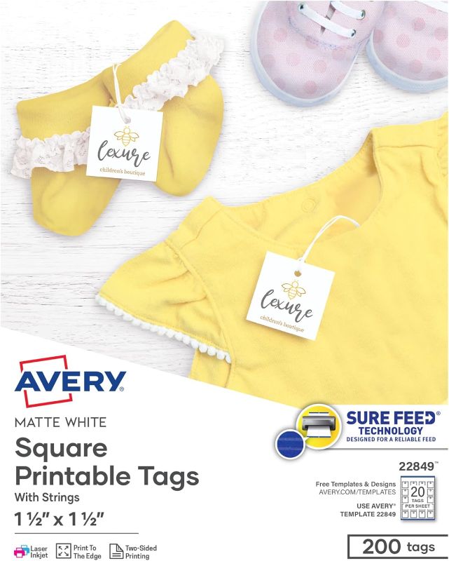 Photo 1 of Avery Square Printable Tags with Sure Feed, 1.5" x 1.5", White, 200 Customizable Tags with Strings, Great for Branding, Gift Tags, Price Tags, and More (22849)