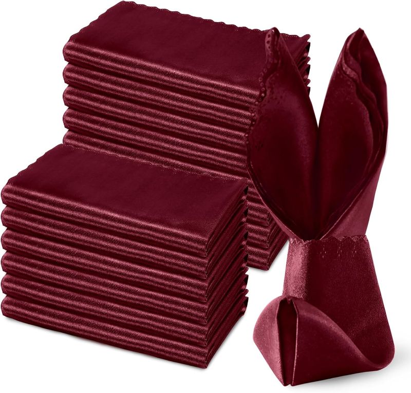 Photo 1 of 30 Pack Burgundy Satin Napkins 17 x 17 Inch Cloth Napkins, Scalloped Square Dinner Napkins Silky Table Napkins Satin Wedding Napkins Bulk for Restaurant Banquet Graduation Party Decoration