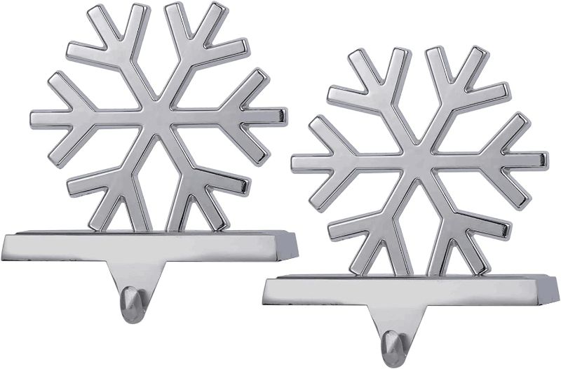 Photo 1 of 2 Set Snowflake Stocking Holders for Mantle Xmas Silver Snowflake Stocking holder Christmas Snowflake Stocking Holder for Fireplace Mantle Weighted Stocking Hooks for Mantle (Silver Snowflake,2)