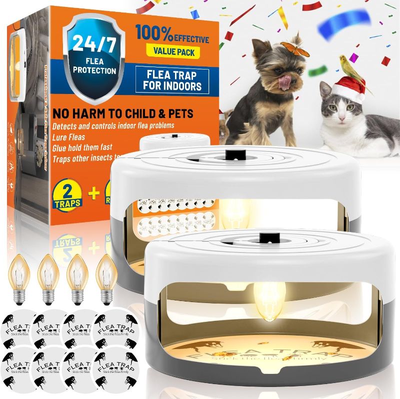 Photo 1 of 2 Pack Flea Traps for Inside Your Home with 8 Sticky Disc & 4 Bulbs & 2 Electric Wires, Flea Killer Indoor Bed Bug Trap Pest Control, Non Toxic & Harmless, Friendly to Pets & Kids