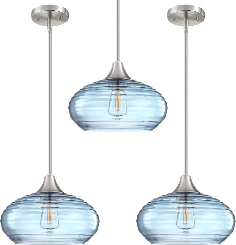 Photo 1 of 3 Pack 1 Light 10" Kitchen Island Hanging Pendant Light Farmhouse Dining Ancient Blue Glass Shade Light Fixture,with Brushed Nickel Finish for Bathroom,Over Sink